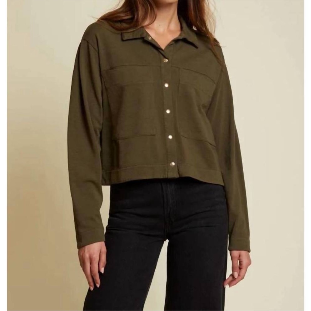 Nation Ltd Fritzie Cropped Olive Green Cotton Shirt Jacket Snap Front, Size L